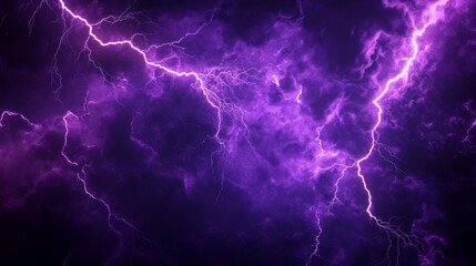 Naklejka premium Purple lightning strikes across stormy night sky, dramatic background