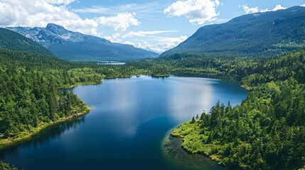 Fototapeta premium Canada's lakes mirror breathtaking landscapes of pristine waters, towering mountains, and lush forests, offering a paradise for nature lovers and adventure seekers.