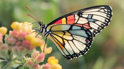 Naklejka premium Delicate and Colorful Butterfly Wings Resting on a Flower, Perfect for Nature and Wildlife Photography Generative AI
