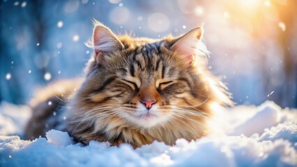 Obraz premium Cute Cat Sleeping in Snow, Winter Kitten Bokeh, Snowy Cat Photo, Peaceful Feline, Adorable Snow Cat, Soft Focus Cat Image