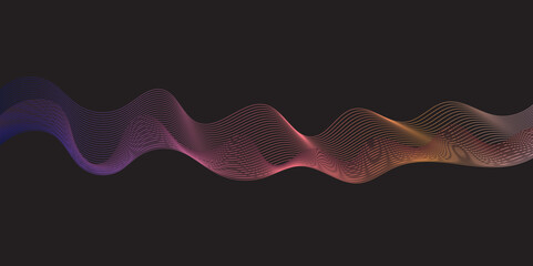 Modern multicolor wave of light is displayed on black background, Abstract wavy lines and neon glow on a black background, soundwave on a dark reflective surface.	