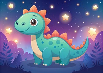 Naklejka premium Cute Dinosaur Night Photography, Flat Cartoon Illustration, Adorable Dino, Night Scene, Dark Background
