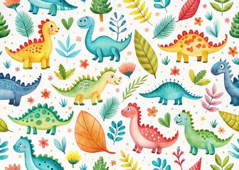 Cute Dinosaur Baby Pattern: Watercolor Hand Drawn Seamless Scandinavian Children's Fabric Design