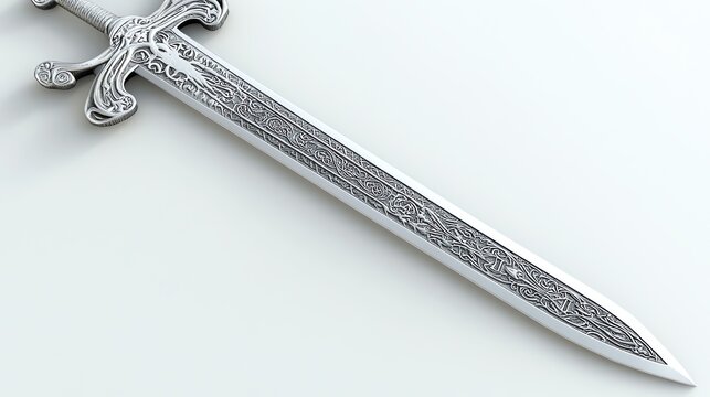 A silver sword with an ornate design, isolated on a white background.