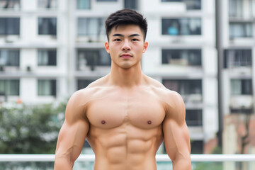 Portrait of a 20-year-old handsome Chinese man with a muscular, shirtless, posing outdoors against a modern cityscape background