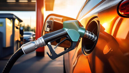 Gasoline filling. Self-service gas station. Gasoline spout inserted into a car's fuel tank. Close-up.
