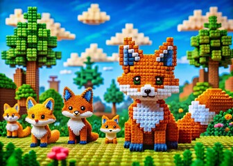 Obraz premium Cute Fox Pixel Art Cartoon Character Set: Adorable Illustrations & Patterns
