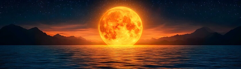 A tranquil river reflects the warm glow of a large golden moon, creating a peaceful and magical nighttime scene.