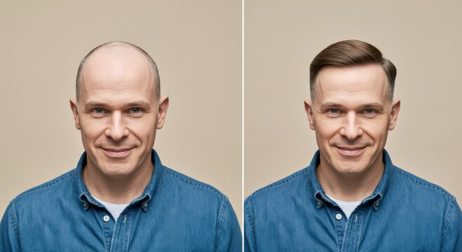 Hair transformation concept for adult caucasian male before and after styling