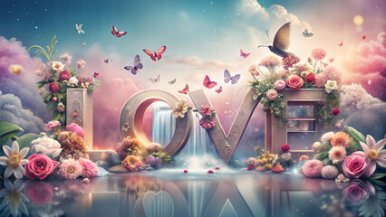 Colorful floral arrangement spelling "LOVE" with butterflies and a waterfall in a dreamy landscape
