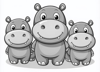 Naklejka premium Cute Hippo Coloring Pages: Black & White Cartoon Hippo Illustrations for Kids