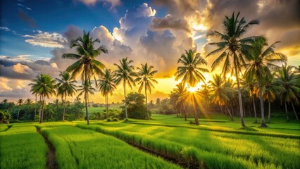 Obraz premium Scenic Rice Field Landscape with Lush Green Palm Trees under a Bright Sky â€“ Tropical Agriculture and Nature Beauty in Rural Settings