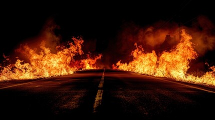 Road Engulfed in Flames with Intense Fire on Both Sides