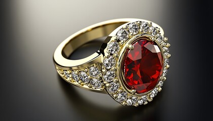 Detailed  of a Hip-Hop Gold Ring with Sparkling Red Stones and Jewels Zoomed-in view of a gold ring with a bold red gemstone centerpiece and sparkling smaller jewels surrounding