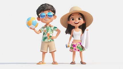 Cartoon kids in summer clothes with beach ball, towel.