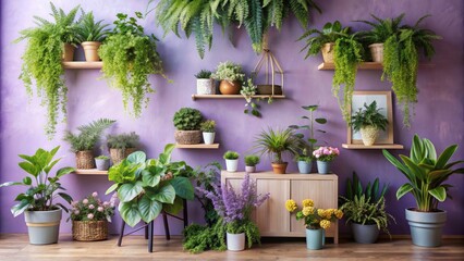 Serene Lilac Wall with Decorative Plants for a Tranquil Sanctuary