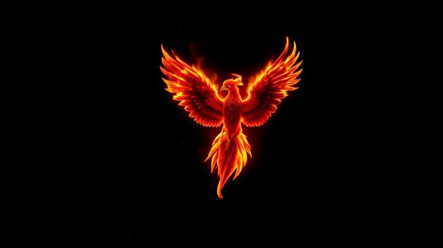 Fiery phoenix with glowing wings on black background, symbolizing rebirth, strength, and mythology
