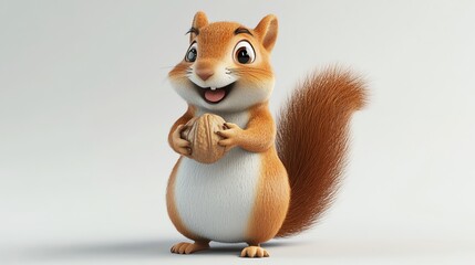 A cute cartoon squirrel holding a nut, with a fluffy tail.
