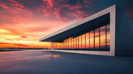 Modern architectural structure against a vibrant sunset backdrop.