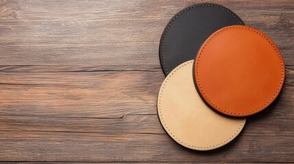 handmade leather creativity concept. Three circular leather coasters on a wooden surface.
