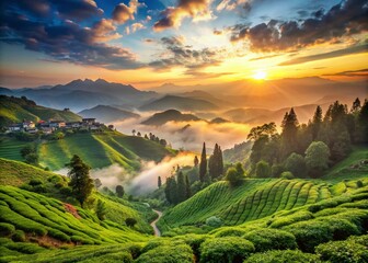 Darjeeling Tea Plantation Panoramic View: Breathtaking Himalayan Scenery, Lush Green Hills, Rolling Terraces, Sunrise, Misty Mountains, Scenic Landscape