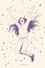 Obraz premium A minimal single line art of a woman jumping in the air, laughing as confetti falls around her, hand-drawn style minimalist line art, beige colors and vibrant violet tones, cream-colored background