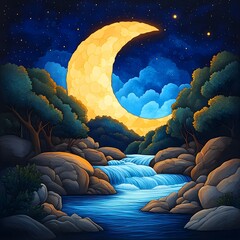 Fototapeta premium A serene river illuminated by the radiant glow of a giant full moon, creating a peaceful and enchanting nighttime scene.