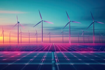 Wind turbines on a vast field, surrounded by glowing solar panels, futuristic setting, vibrant sunset, highresolution 3D render
