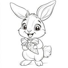 Fototapeta premium Adorable Easter Bunny with Carrot: A charming illustration of a bunny rabbit holding a carrot, perfect for Easter coloring pages, cards, and children's books.