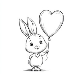 Obraz premium Cute Bunny with Heart Balloon: A charming sketch of a cheerful bunny holding a heart-shaped balloon, perfect for Valentine's Day, love, and friendship themes. 