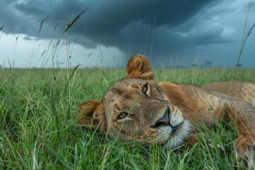 A lion is laying down in the grass, looking up at the sky. Generative AI