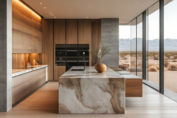 Modern kitchen with desert view.