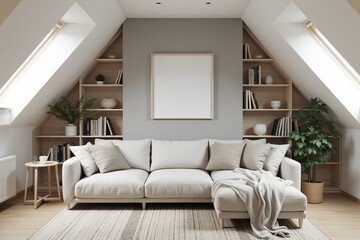 Corner sofa against shelving unit, scandinavian home interior design of modern living room in attic in farmhouse.