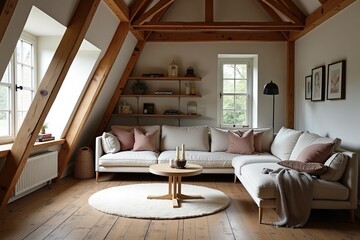 Corner sofa against shelving unit, scandinavian home interior design of modern living room in attic in farmhouse.