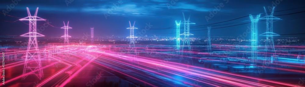 Poster night view of an electric car factory with glowing power grids and automated production lines, indus