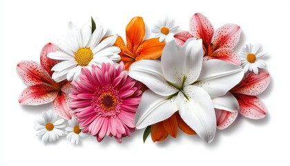 Fototapeta premium A vibrant arrangement of colorful flowers including lilies, daisies, and gerbera daisies, showcasing nature's beauty and elegance.