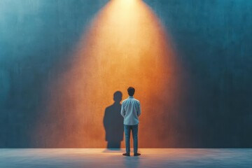 Fototapeta premium Man gazing at his shadow on a towering wall lit by a single spotlight, mysterious and dramatic lighting