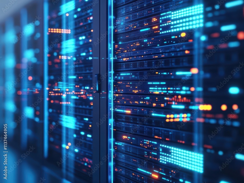 Poster layers of interconnected virtual servers in a glowing blue grid, hightech design, minimalist, sharp 