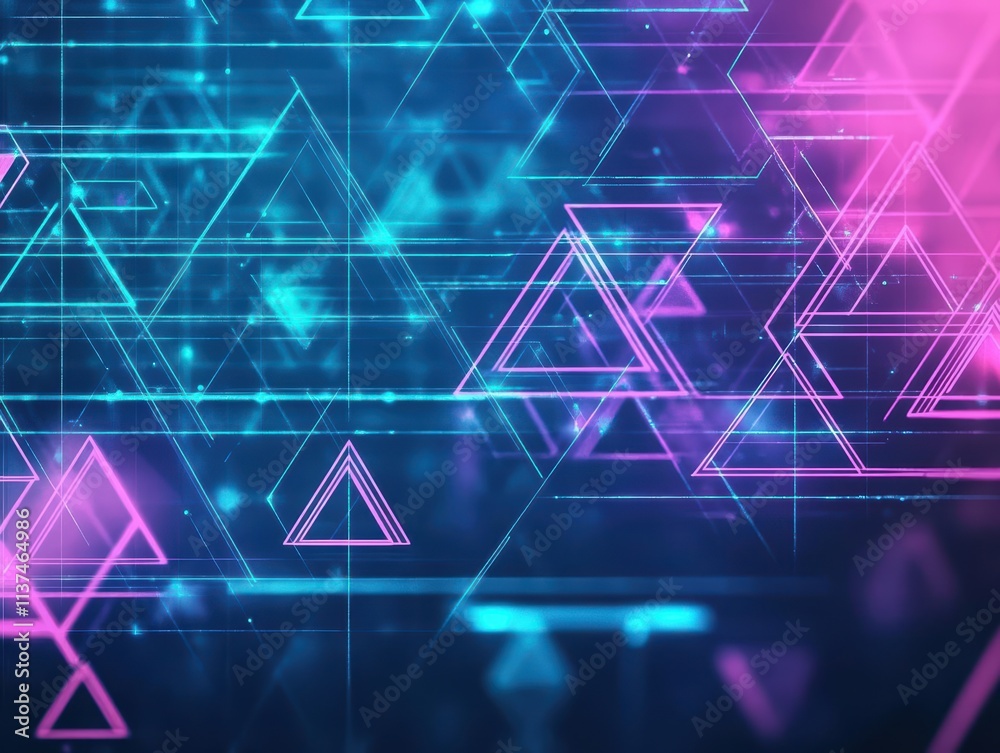 Aufkleber Intricate patterns of triangles and polygons glowing in an abstract digital grid copy space ethereal multilayer VR gaming lounge backdrop