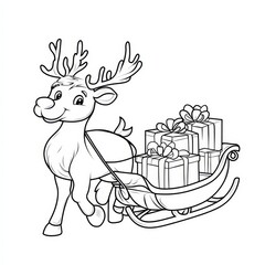 Reindeer Gift Delivery: A charming Christmas reindeer pulls a sleigh overflowing with presents, perfect for coloring pages, cards, and festive designs. 
