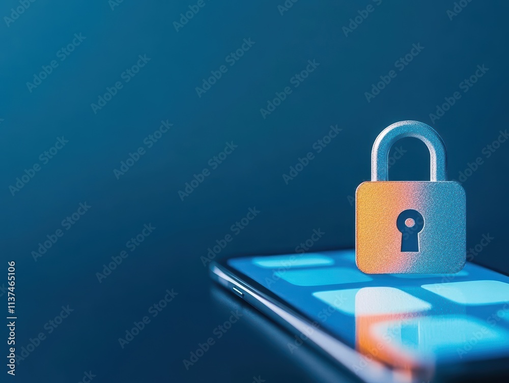 Poster iconic lock symbol overlaid on a smartphone with a social media app open online safety digital tone 