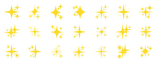 Set of sparkles star icons. yellow, gold, orange sparkles symbols vector set. The set of original vector stars sparkle icon.  Abstract shine effect vector sign isolated on white background.