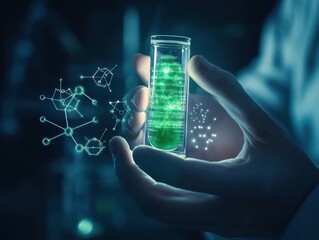 Hands holding a glass capsule filled with a glowing green mist, surrounded by digital molecular patterns, dark and moody lab setting, high detail