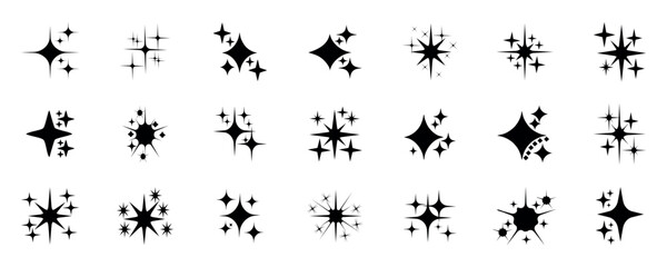 black set of original star sparkle shapes. black set sparkle icons collection. Vector retro set of futuristic sparkle star icons. star light particles isolated on white background.