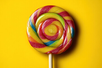 Colorful swirl lollipop on yellow background.