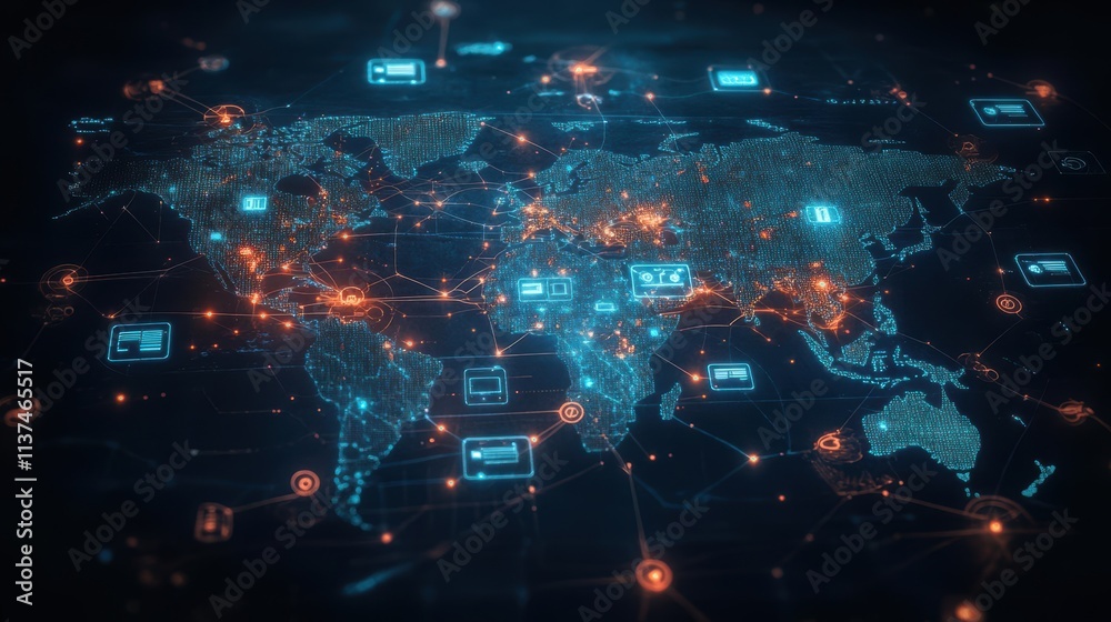 Aufkleber Global map glowing with IoT device links, encased in a net of cybersecurity shields, elegant watercolor strokes