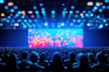 Global health summit with representatives from all nations in a modern conference hall, soft spotlighting, wideangle