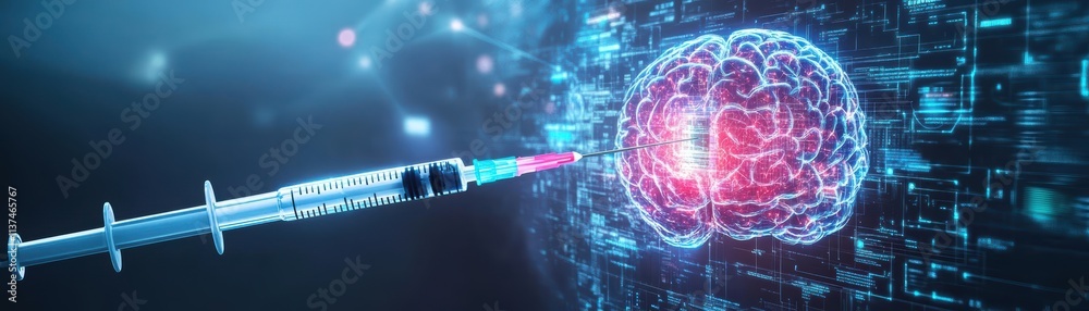 Poster futuristic syringe connected to a glowing ai brain, holographic data around, advanced neurology conc
