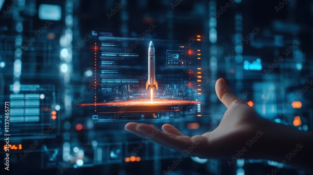 Aufkleber Futuristic hand technology displaying a hologram of a rocket docking at a space station, surrounded by glowing interfaces
