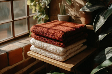 Folded red and white towels stacked on a wooden shelf near a window.